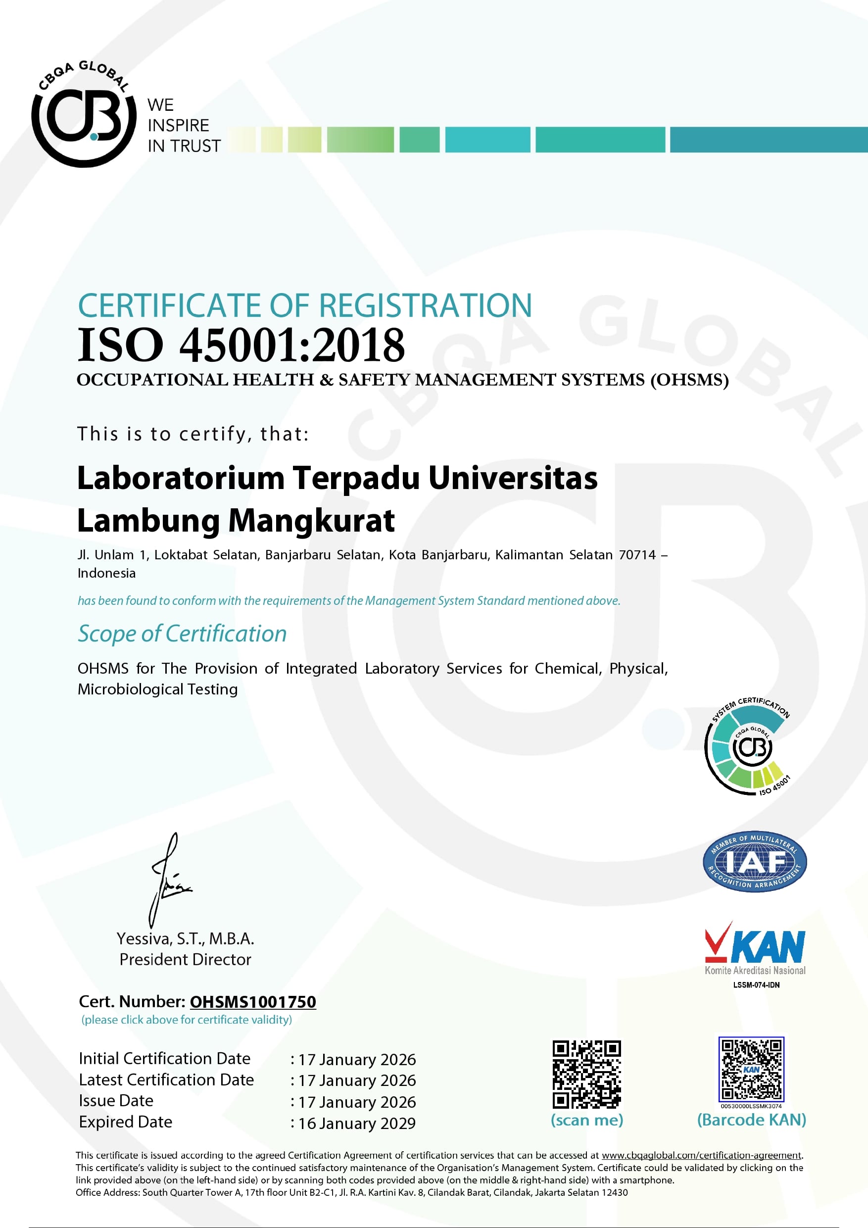 Laboratorium Terpadu ULM Raih Sertifikasi Sistem Manajemen K3 ISO 45001:2018 dari CBQA Global
